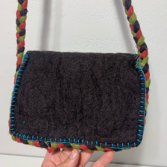 Rising Tide Felted Wool Floral Purse Red Rose green and blue accents shoulder - Picture 4 of 12